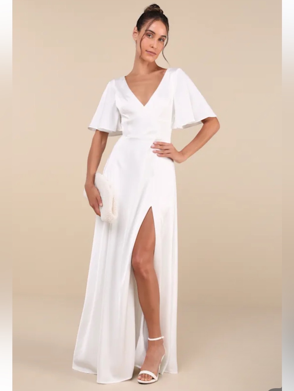 Lulus Elegant Confidence White Satin Flutter Sleeve Cutout Maxi Dress